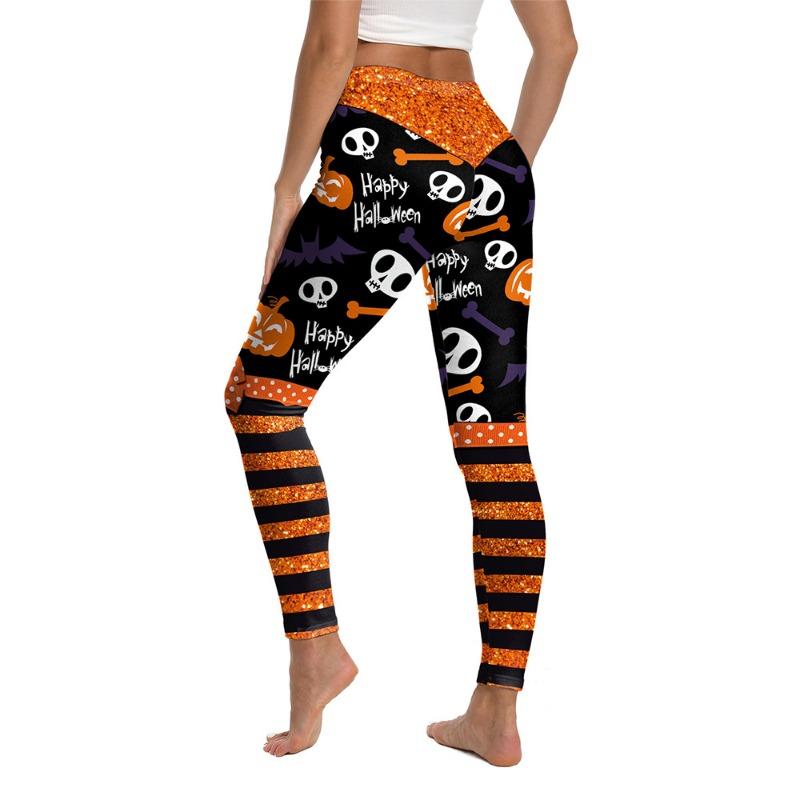 New Halloween Funny Skull Head Striped Printed Pants Yoga Pants Sports Hip Tights