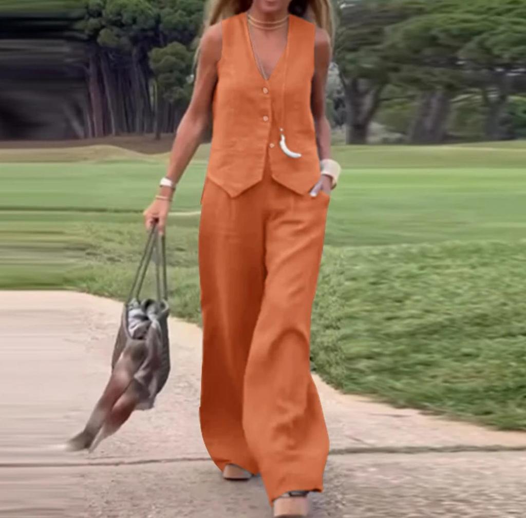2025 Women's Fashion: European & American Solid Color Vest and Long Pants Two-Piece Casual Set