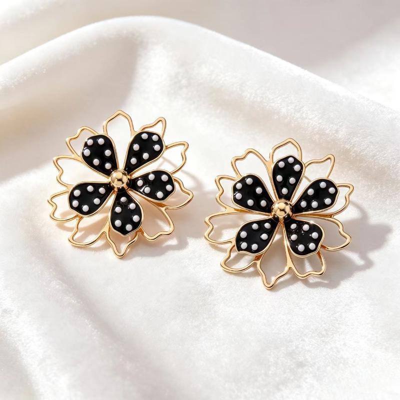 Elegant Gold Plated Floral Earrings Black Enamel White Dot Design Dainty Jewelry for Dinner Date Wear