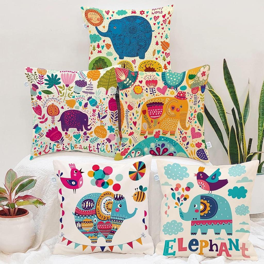 Set of 5 Polycotton Cushion Covers – 16x16 Inches – Multicolor Elephant & Jungle Print – Playful Cushion Covers for Kids Room