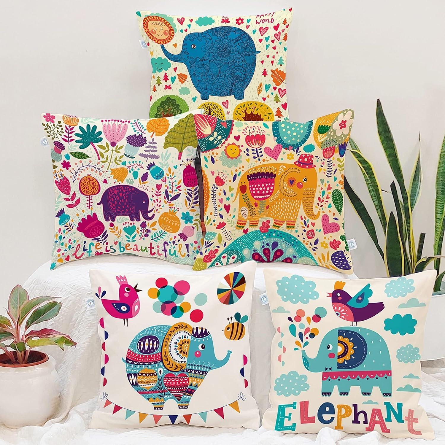 

Set of 5 Polycotton Cushion Covers – 16x16 Inches – Multicolor Elephant & Jungle Print for Kids Room, Sofa & Living Room 16 x 16 Inch (Pack of 5)