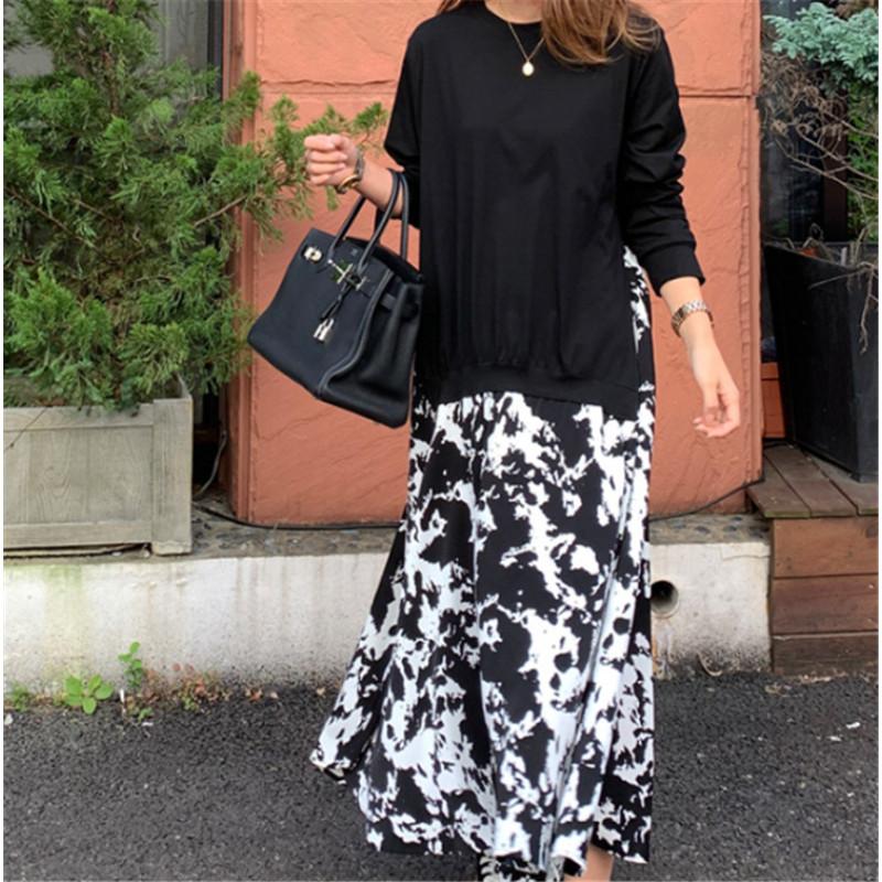 Tooxika Women's Large Size Long Sleeve T-shirt Splicing Printed Large Swing Dress Round Neck Fake Two-piece Long Dress