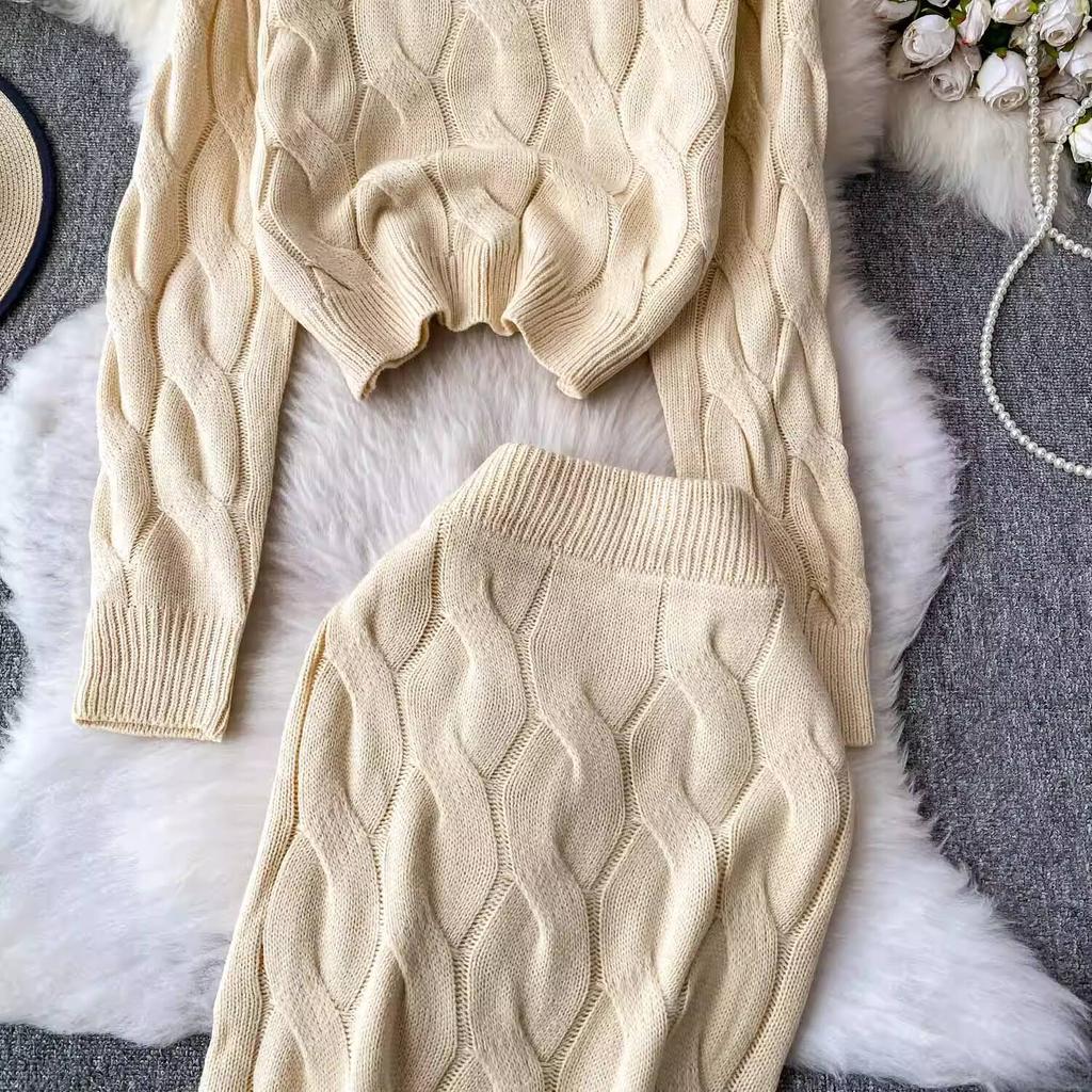 Autumn 2 Piece Set Turtleneck Sweater For Women Casual Fashion Style Chic Weave Top + High Waist Elegant Long Skirt