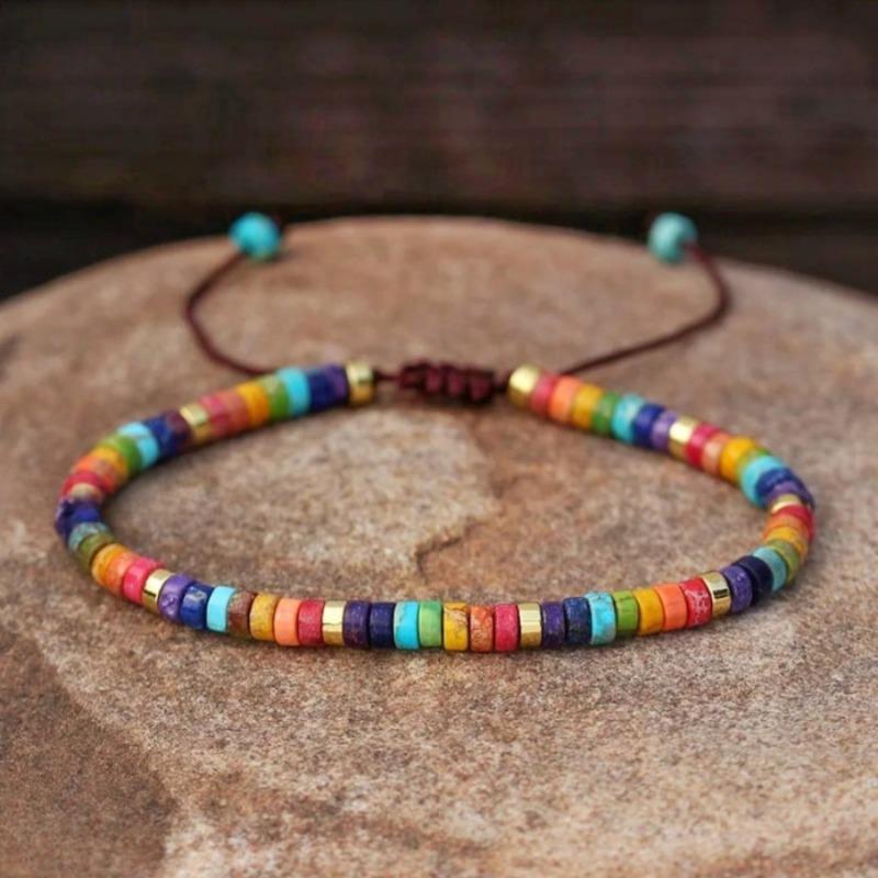 Women's Vintage Style Spacer Bead Woven Multicolor Bracelet, Natural Stone Adjustable Friendship Bracelet