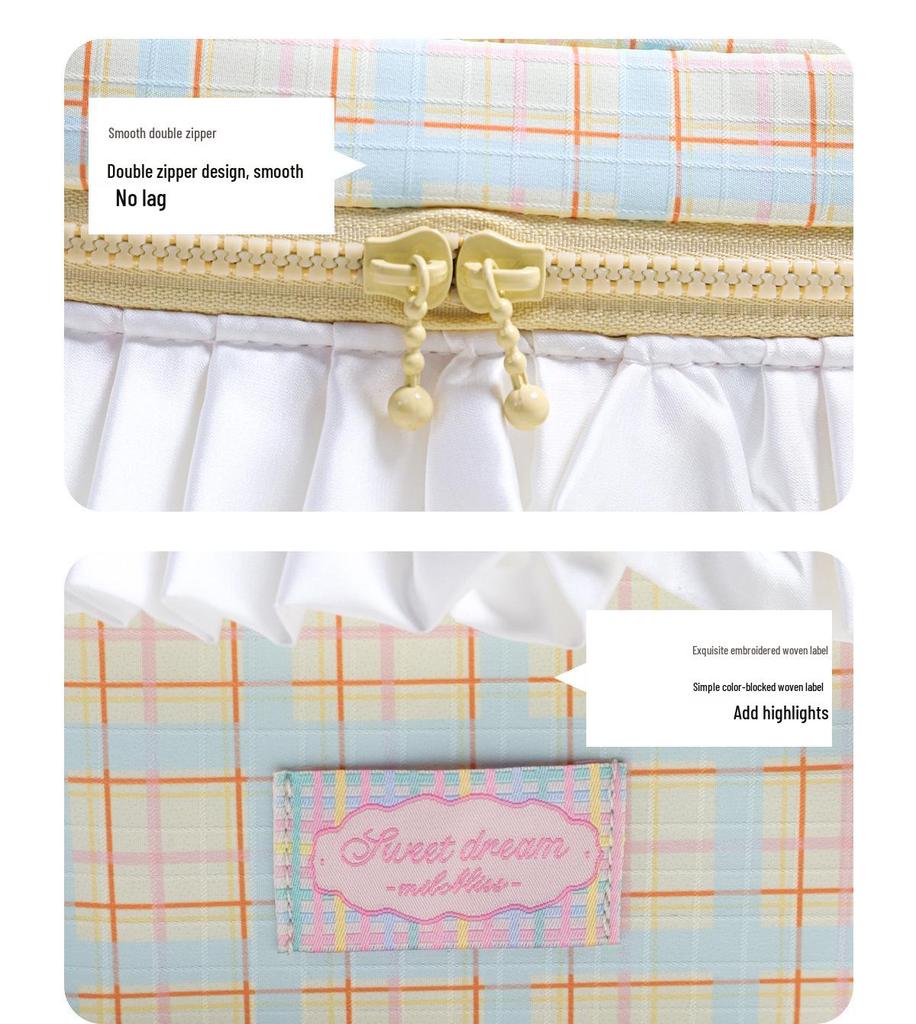 Cable Knit Color Block Plaid Makeup & Toiletry Bag with Ruffle Trim - Large Capacity Handheld Design