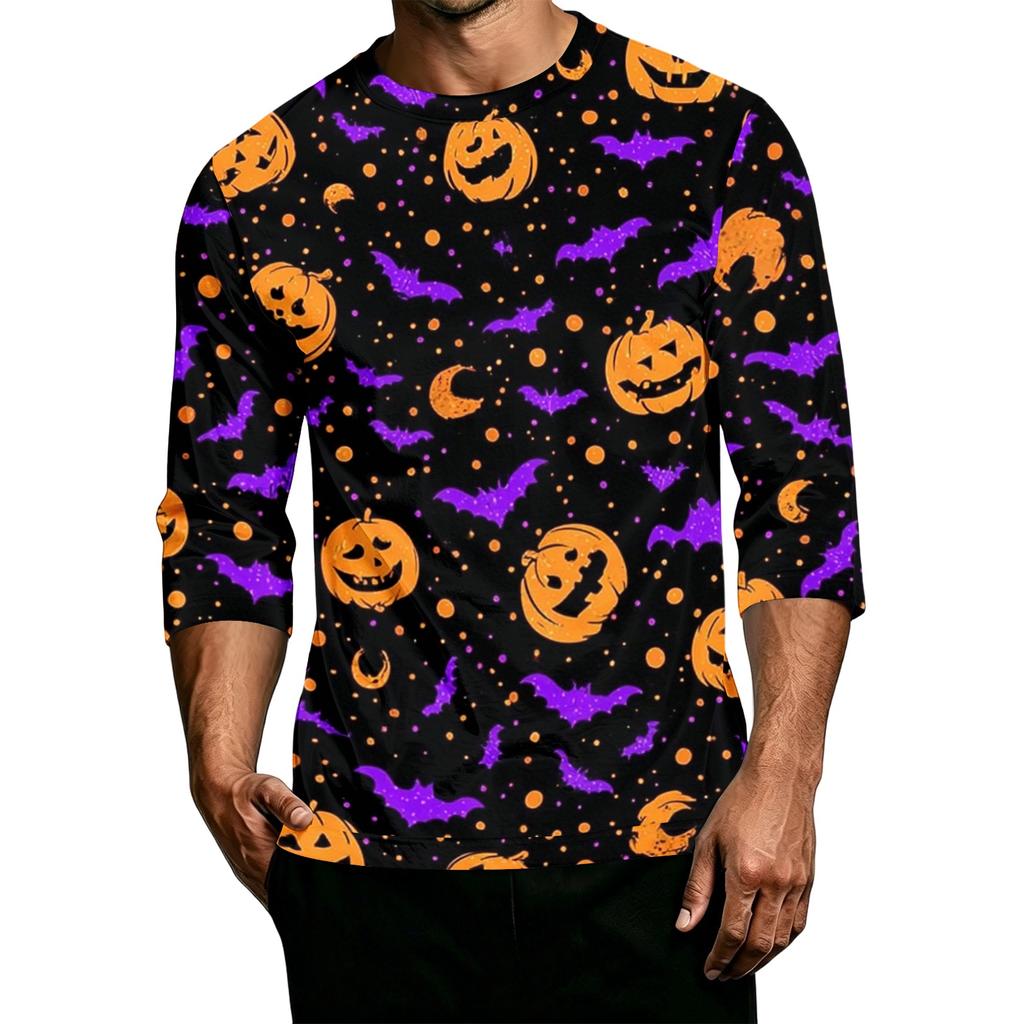 Men's Casual Halloween Printed Crew Neck T-Shirt Three Quarter Sleeve Top Lightweight Comfortable Fit Graphic Tee for Everyday Wear