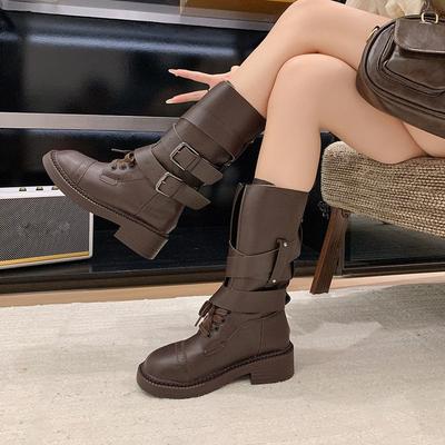 Fashion Design Metal Belt Buckle Mid Calf Boots Women Punk Medium Heel Western Cowboy Boots Autumn Winter Shoes Women 35 36