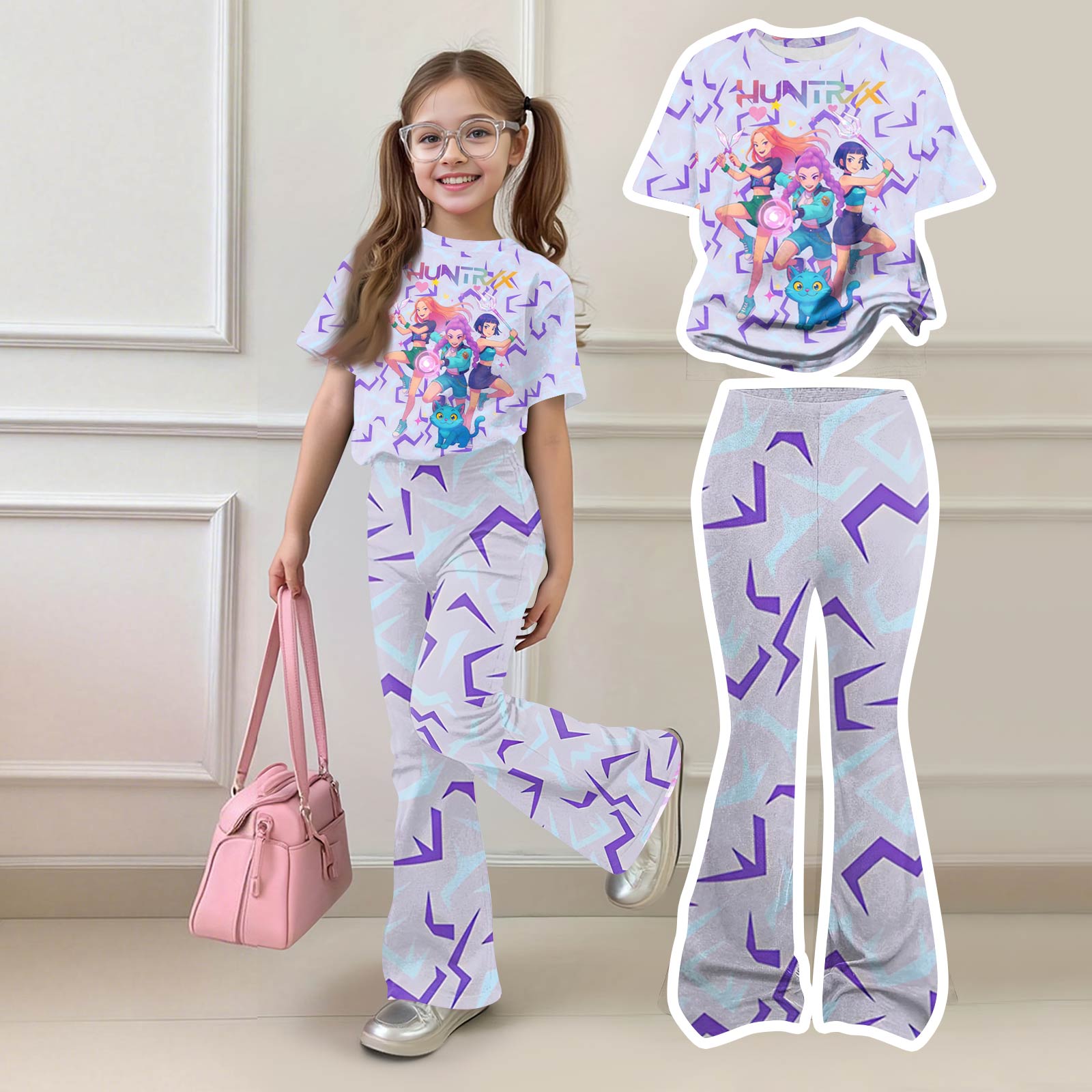 

Girls Short Sleeve Graphic Tee And Flared Pants Two Piece Casual Outfit Set For Kids Daily Wear 100