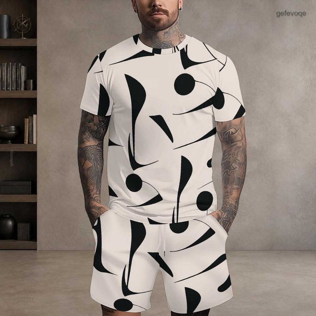 Men Plus Size Colorful Printed Round Neck Short Sleeve Top And Pocket Shorts Two Piece Set