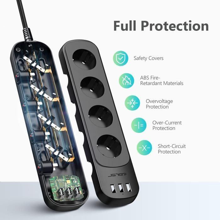 Multiprise - Jsver - 4 Prises - 3 Ports USB - Interrupteurs Individuels - Parafoudre