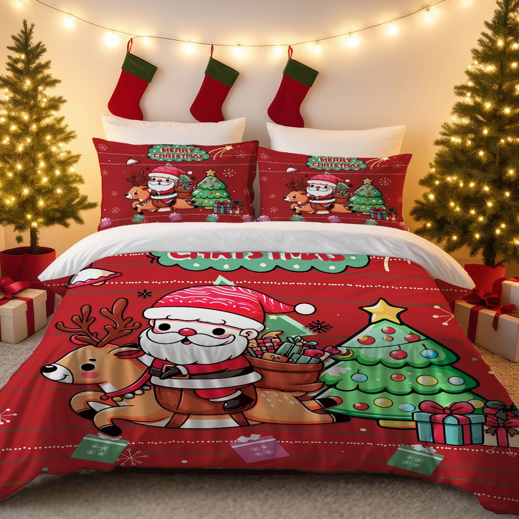 Husă de plapumă din trei piese Lenjerie de pat de Crăciun Față de pernă cu Moș Crăciun Husă de plapumă