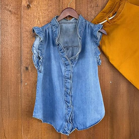 Denim Ruffled Women Shirt V-Neck Collar Sleeveless Buttons Placket Shirt Tops Solid