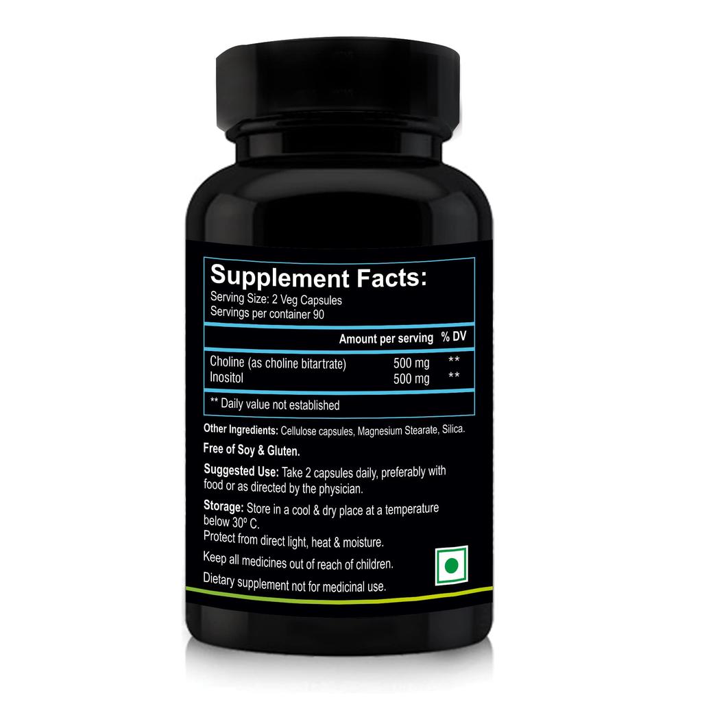 Nutriosys Choline & Inositol 500mg | Brain & Nerve Function | Better Motor Signal | Liver & Heart Health | Lab Tested | 90 Veg Capsules