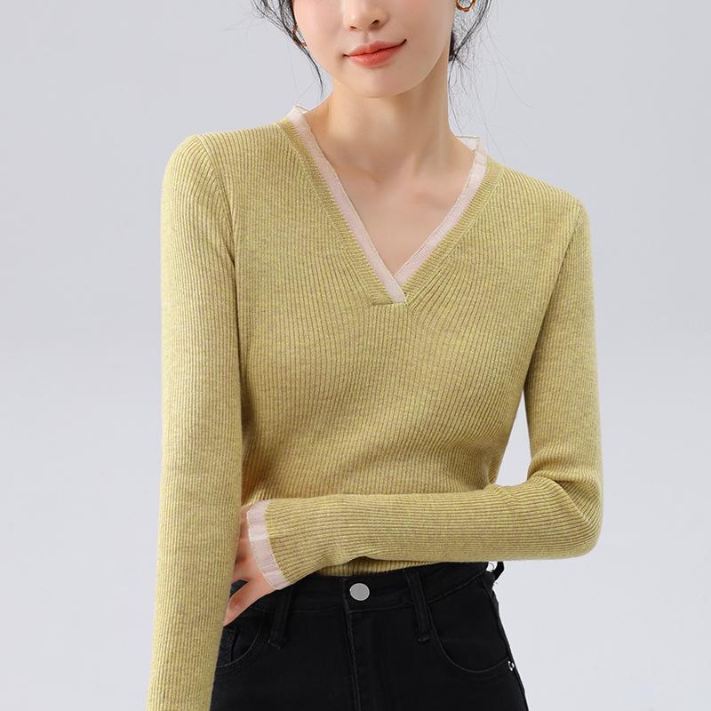 New Style of Knitted Base Shirt for Women European Women's Temperament V-neck Pullover Sweater Waist-tightening Inner Wear