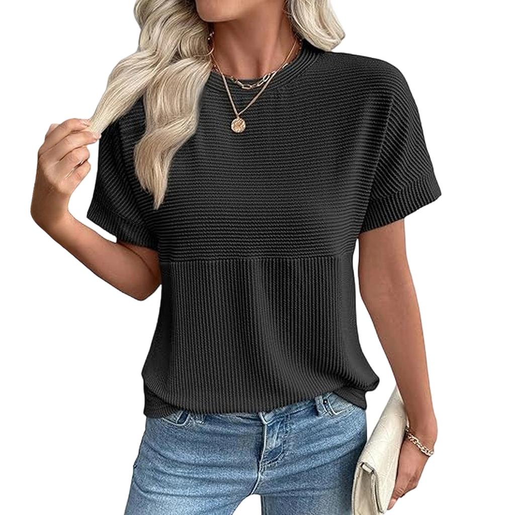 Women's Fashionable Casual Round Neck Ribbed Short-sleeved Top