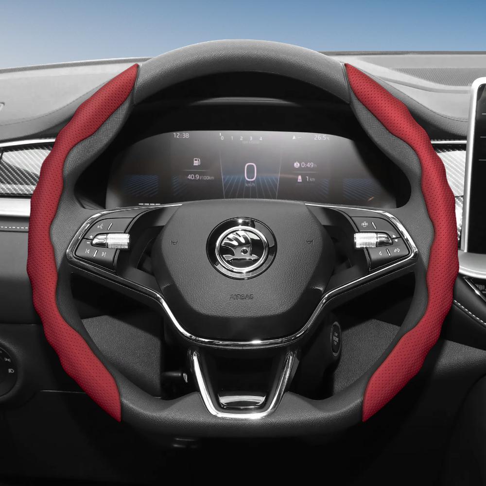 Suitable for Skoda Steering Wheel Cover with Wavy Sports Design, Breathable Leather, Segmented, Non-Slip, Sweat-Absorbent Protection for Octavia,