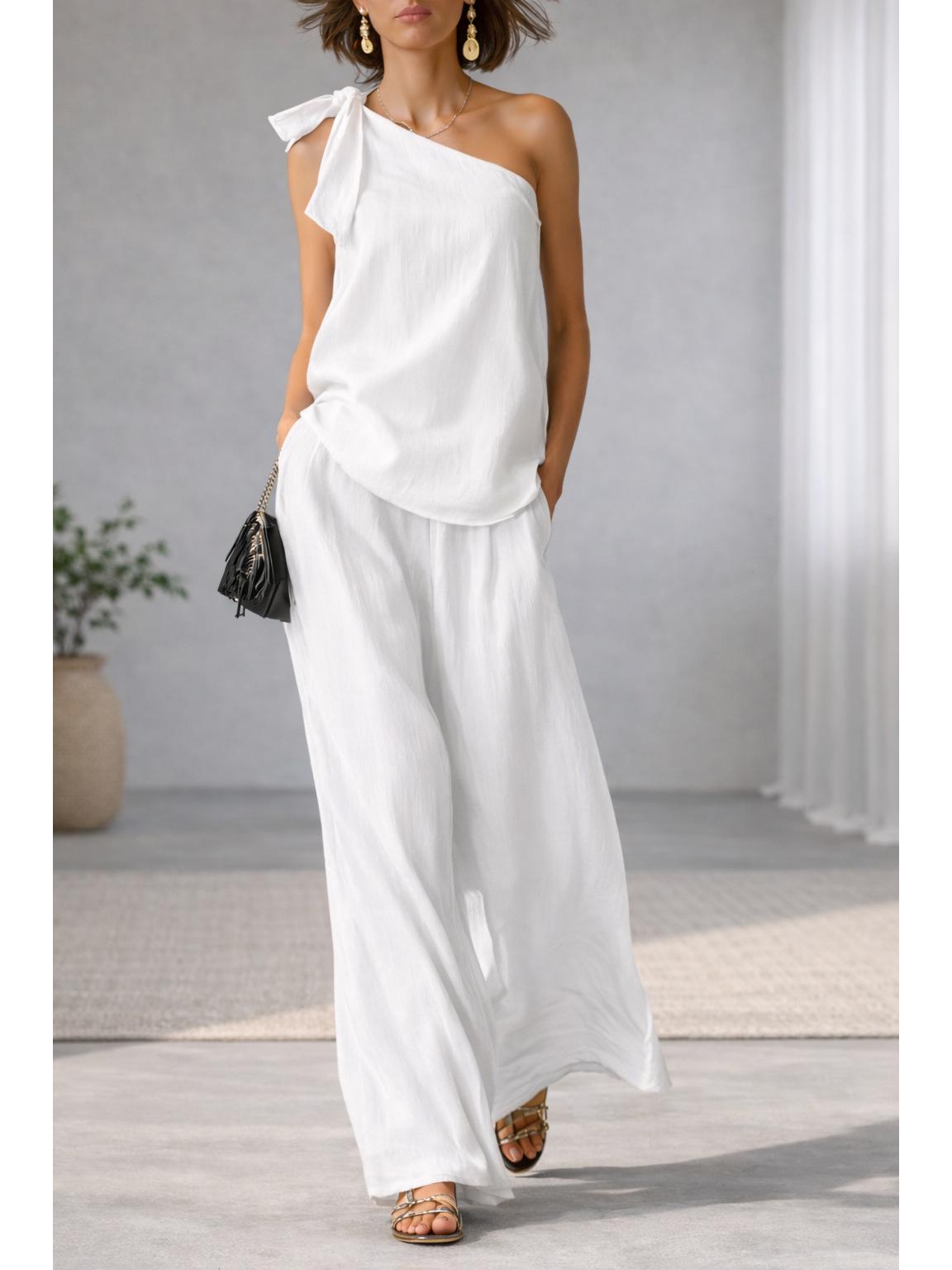 **2026 Spring/Summer Sleeveless One-Shoulder Top with Tie & Wide-Leg Pants Set** XXL