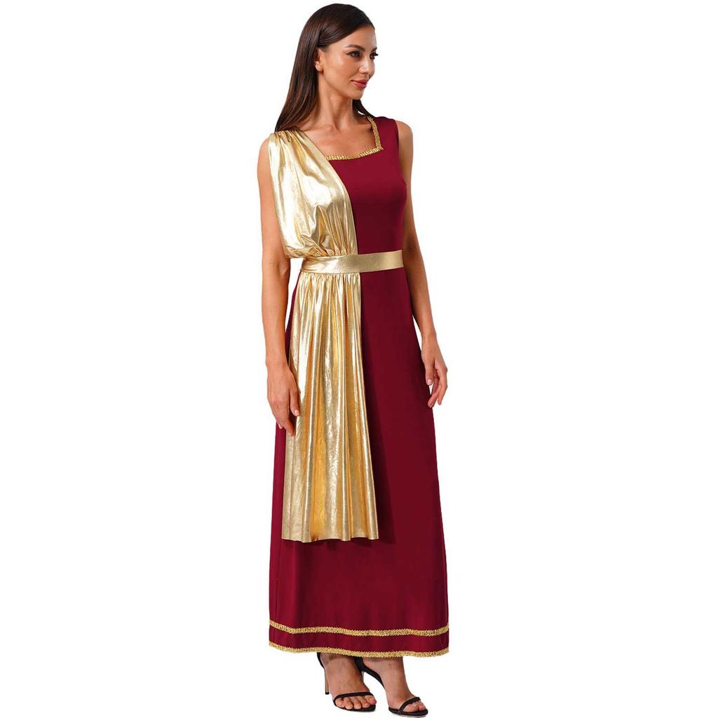 Womens Greek Roman Tunic Dress Square Neck Sleeveless Gold Trim Metallic Shiny Drape Robe Toga Halloween Costume