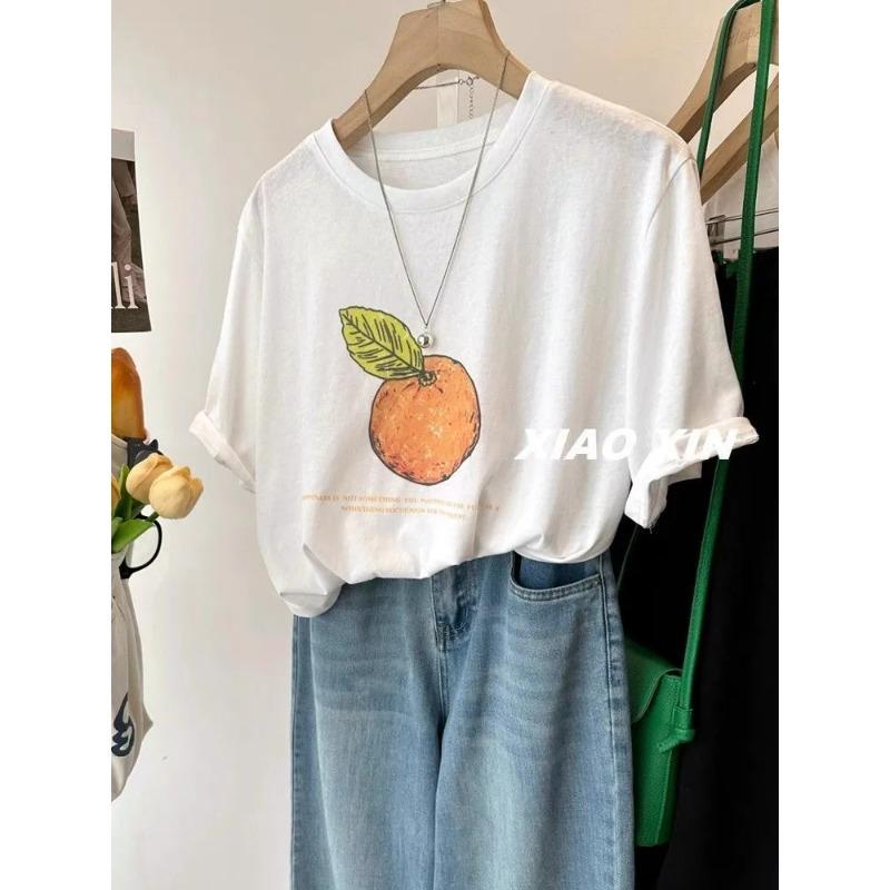 

Womens Casual Fruit Print Short Sleeve Loose Round Neck Cotton T Shirt L белый