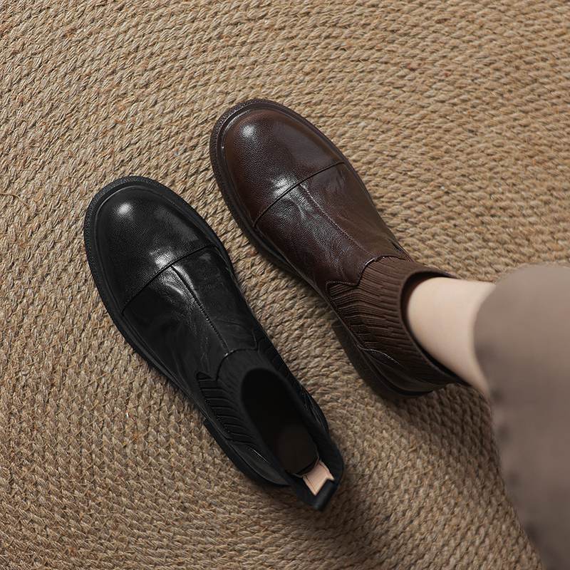 Krazing Pot Sheepskin Pleated Decoration Autumn Winter Shoes Chunky Heels Size 43 Size 42 Round Toe Slip on Retro Knit Wear Ankle Boots
