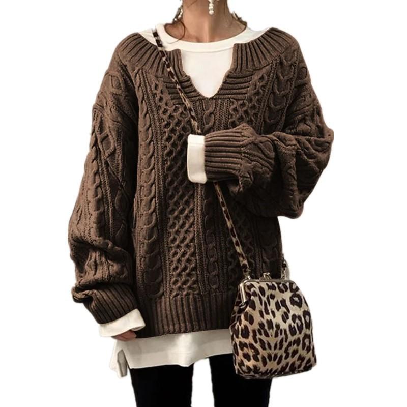

Brown Cable Knit V-Neck Loose Fit Long Sleeve Sweater S