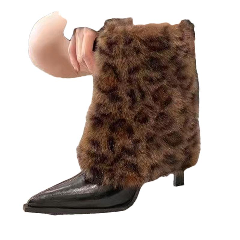 Leopard Fur Women Ankle Boots Pointed Toe Sexy High Heels Shoes 2025 Trend Fashion Leather Pumps Designer Winter Botas De Mujer