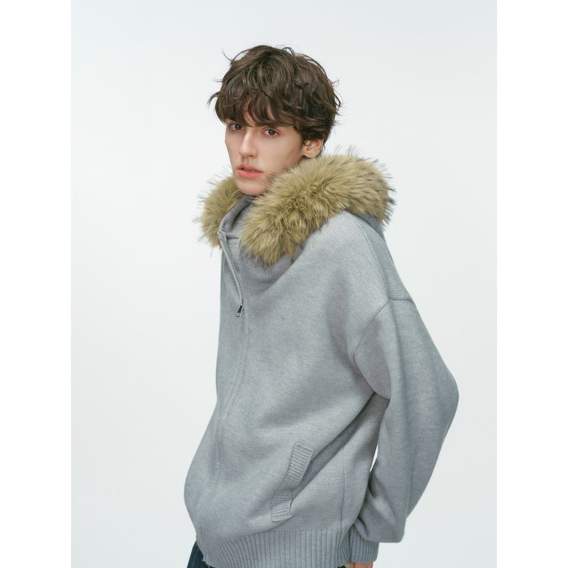 Dream Made American-Style Fur Collar Hooded Cardigan Sweater for Men, Autumn and Winter Thickened Couple Knitwear Jacket