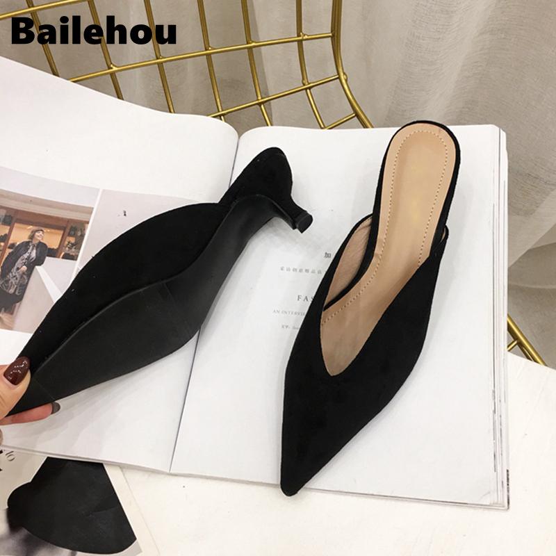 Fashion Bailehou 2025 New Summer Flock Leather Pointed Toe Women Slippers Low Heel Slip On Mules Outsides Ladies Slides Slippers Pumps