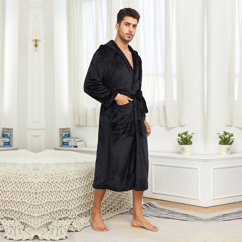 Hooded Robes for Men Full Length Spa Bathrobes Soft House Sleepwear Coat with Hood and Pockets Men's Winter Warm Plush Fleece Robe Hooded Fluffy Robes