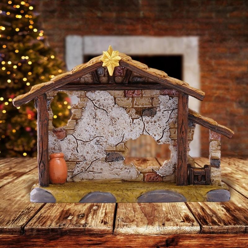 Resin  Scene Stable Creche Christmas Manger Shed Statue Decoration Ornament For Home Church Desktop Display