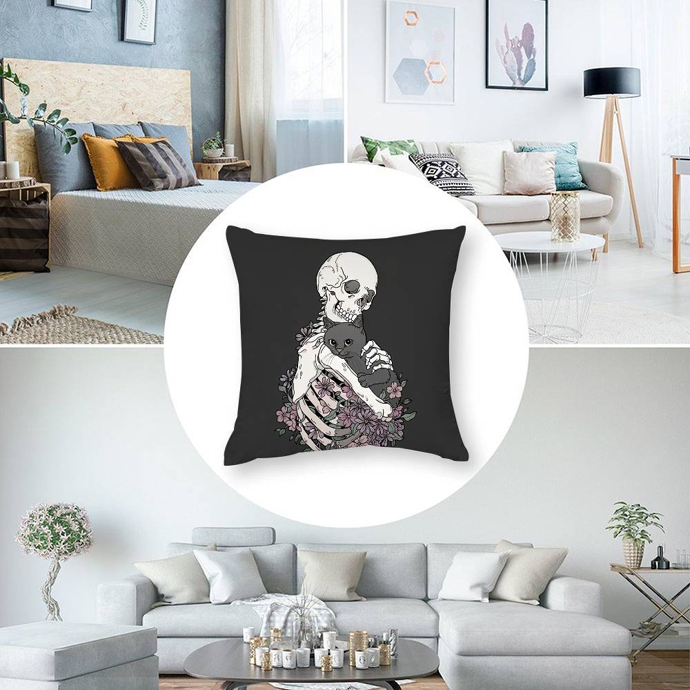 Creepy Skeleton Cat Halloween Pillow Case Short Plush Double-Sided Print Square Throw Pillow Covers Sofa Home Cushion Decor