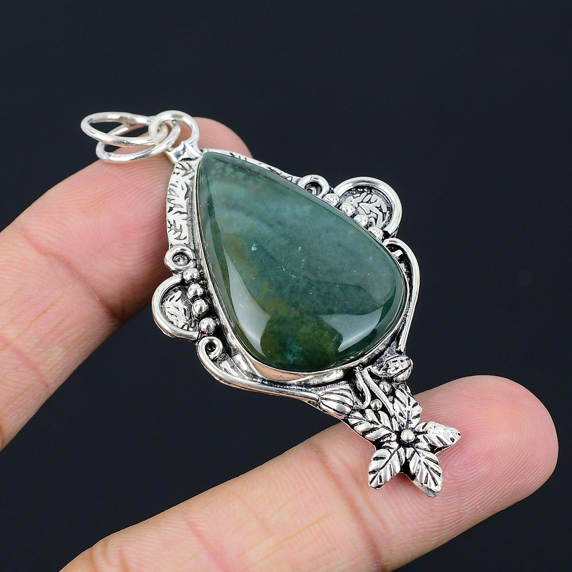 Pear Natural Moss Agate Wedding Flower Wife Birthday Pendant Jewelry 925 Silver