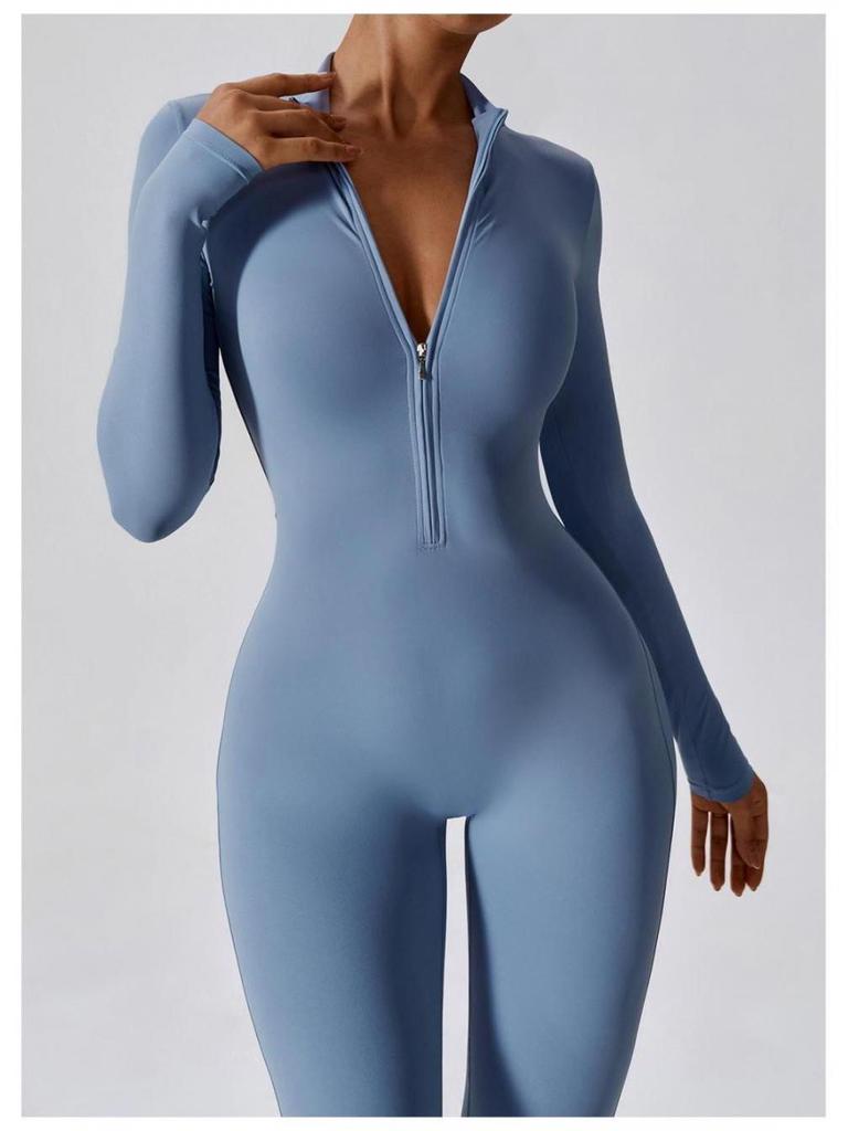 Autumn Long Sleeve Zipper Bodycon Butt-Lifting Bodysuit Yoga & Running Pants for Women - Black