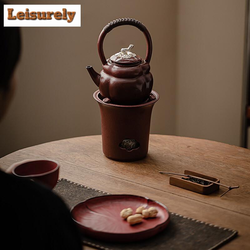Zhiye Braised Persimmons Red Ruyi Boiling Tea Pot Set Retro High-handled Pot Alcohol Lamp Warmer Cooking Stove Infusions Teapots