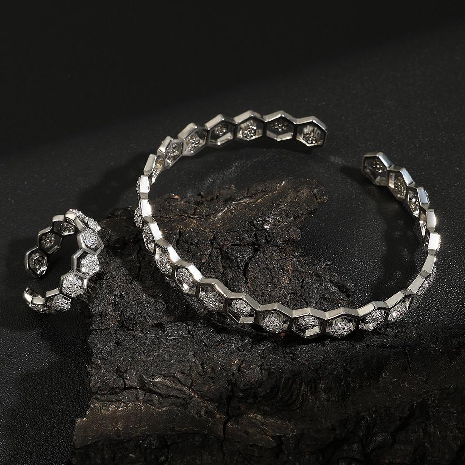 Htpwe Copper Metal Honeycomb Hexagonal Hollow Opening Bracelet Ring Set For Women 18k Gold Couple Holiday Gift Set Party Zircon