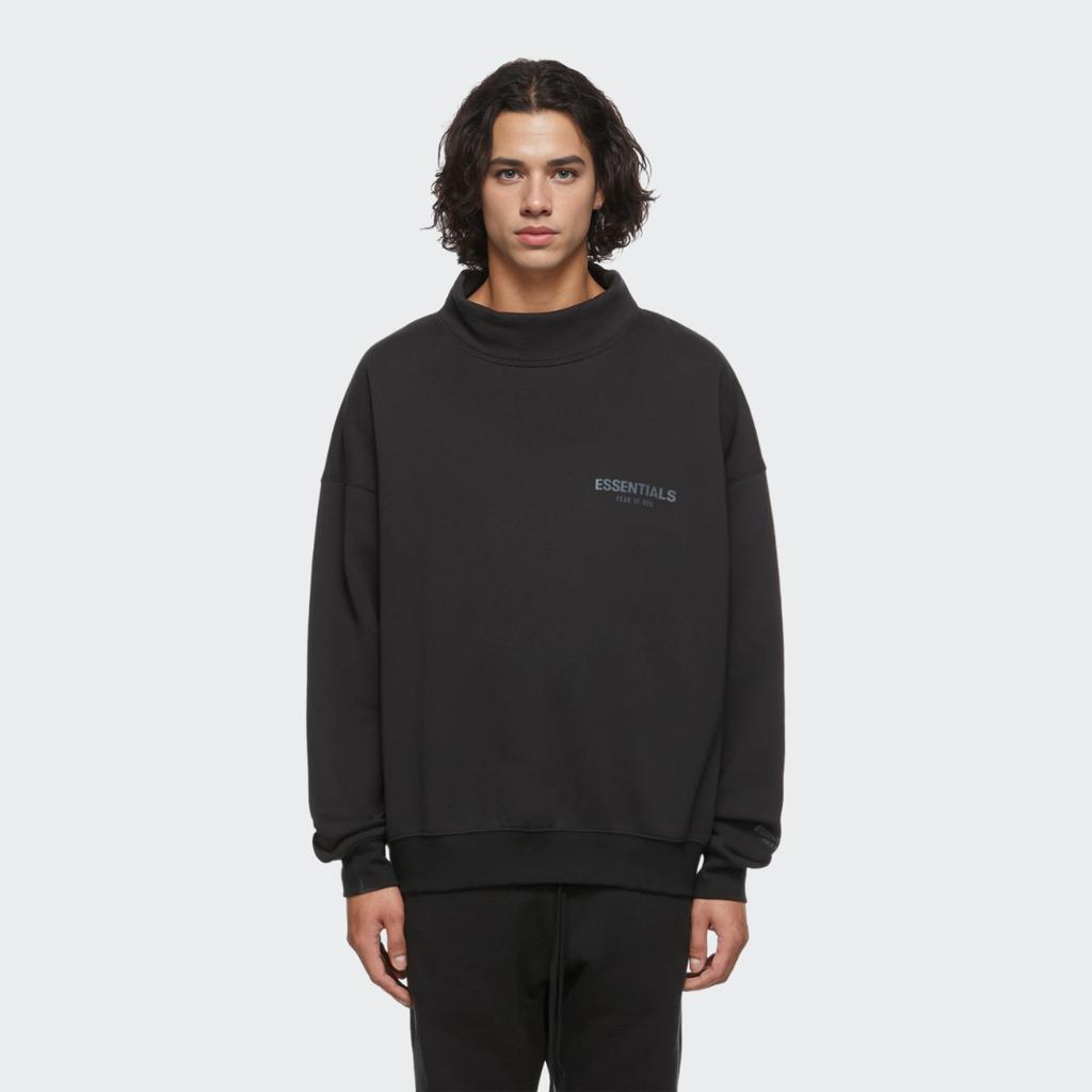 Fear of God Essentials FW21 Pullover Mockneck Sweatshirt with Reflective Logo Unisex Tops Black FOG-FW21-189