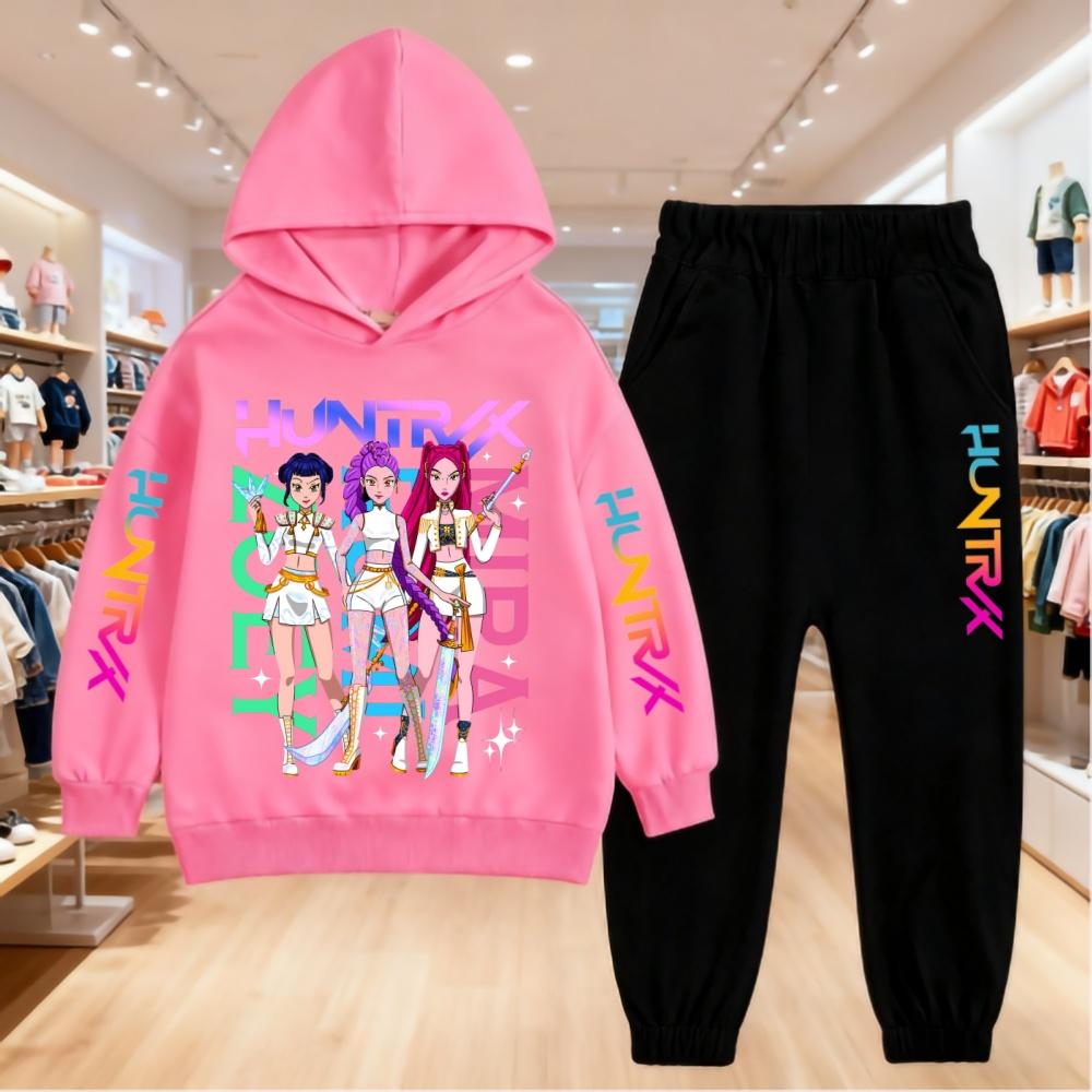 KPop Devil Hunter Cartoon Printed Children's Hoodie with Sports Pants Casual Fashion Set