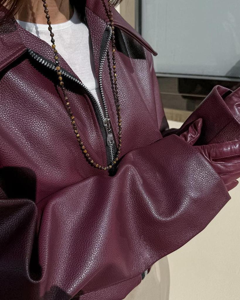 Women's Burgundy Retro Motorcycle Leather Jacket - 2024 Autumn European & American Matte Style