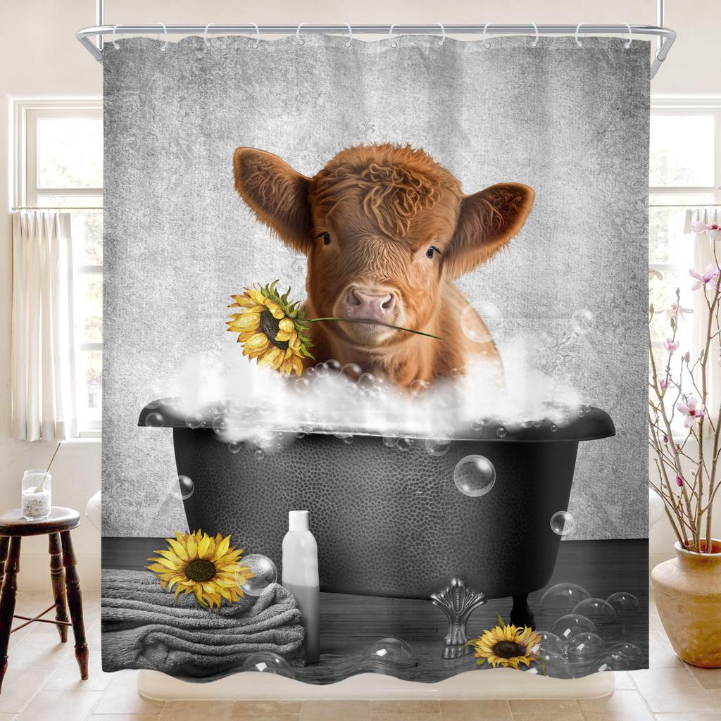 Highland Cow Shower Curtain Rustic Bull Western Farmhouse Cattle Country Restroom Accessories Funny Farm Animal Bathroom Decor