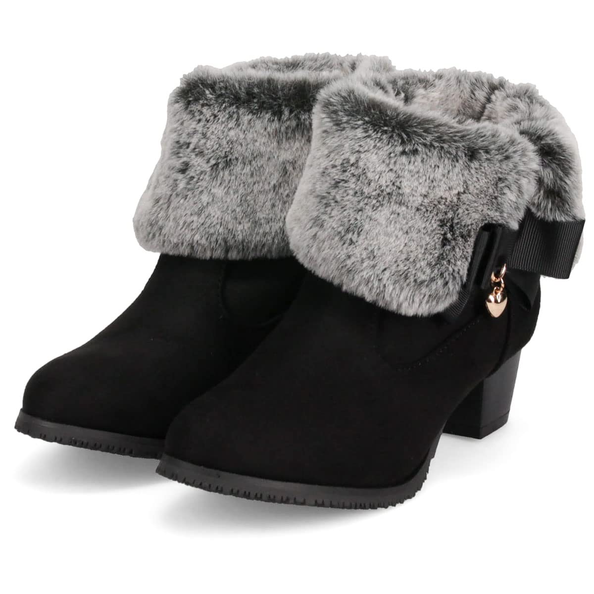 

Kids Boots for Easy to Walk Heart for 20cm [Arch Contact] Girls, Heels, in, Cute, Fur, Charm, Ribbon, Children, 6554, Black, чёрный