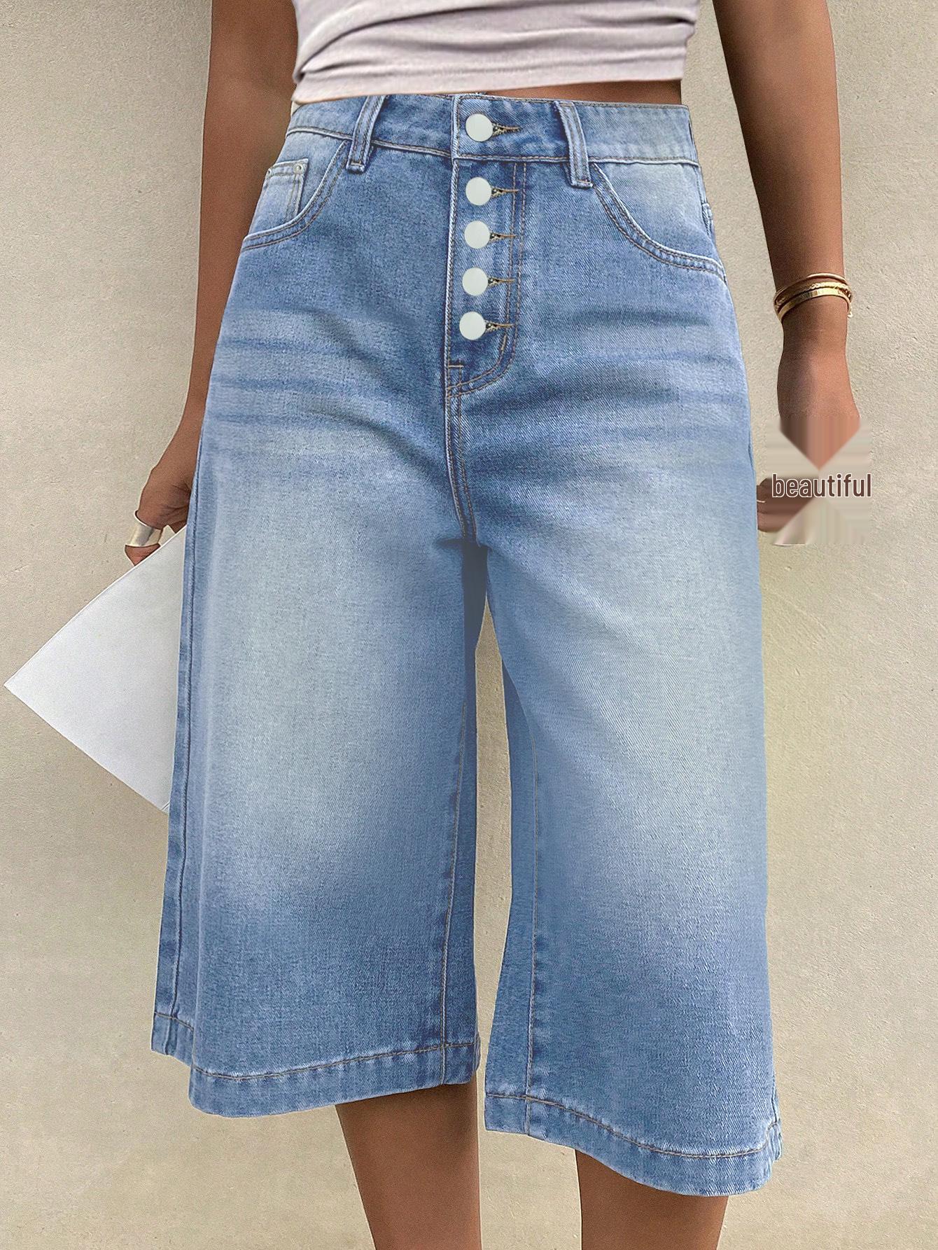 

Retro Women s Wide-Leg Denim Capris - American Casual Fashion M світло-синій колір