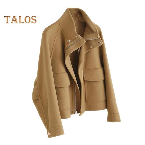 

Осенне-зимнее шерстяное пальто с боковыми карманами, застегивающимся на молнию воротником, отложным воротником, однотонная толстая куртка с длинными рукавами, верхняя одежда для поездок на работу и свиданий M верблюд