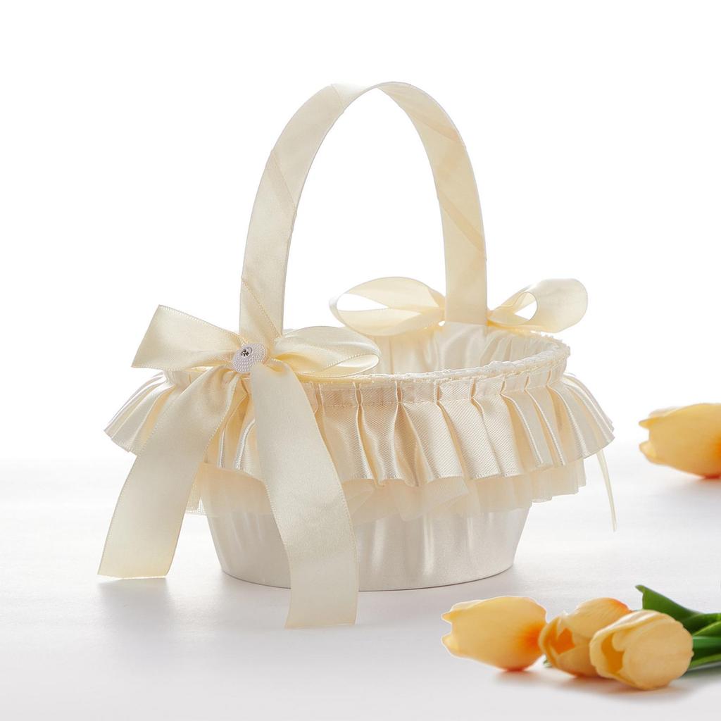 Basket with Satin Ribbons, Lace Bow, Flower Girl Basket, for