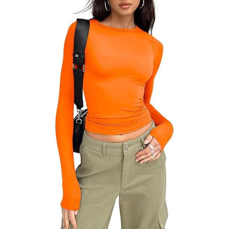 Womens Basic Long Sleeve Top Slim Fit Round Neck Milk Soft Tee Casual Everyday Wear