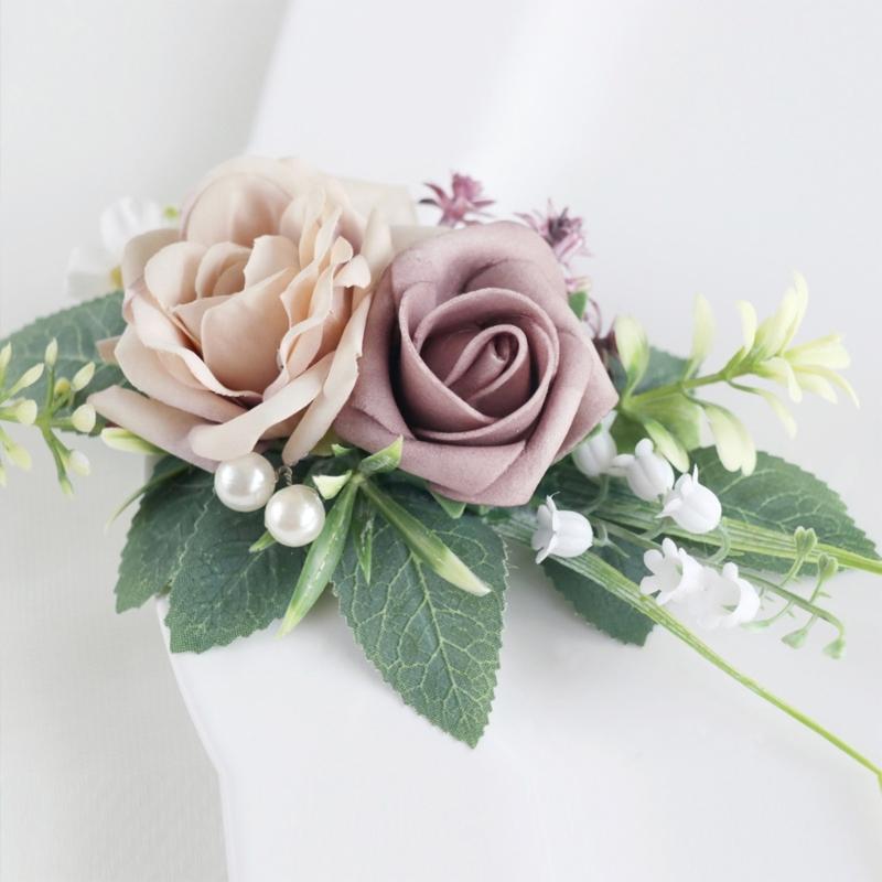 Handmade Flower Wristbands Wrist Flower Realistic Rose Boutonniere for Bridesmaid and Event Decoration Optional Color