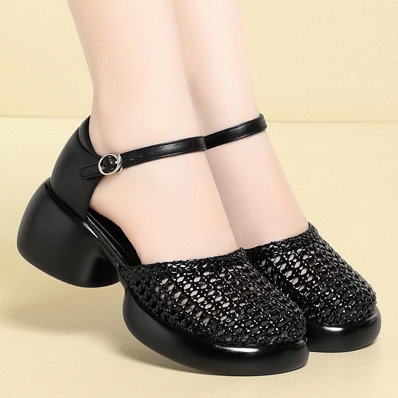 6cm Runde Spitze Ausschnitt Schuhe Echtes Leder Sandalen Sommer 2025 Damen Mittelhohe Blockabsätze Sandalen für Büro Mutter Arbeit Alltag