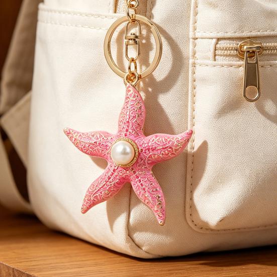 Keychain Pendant Starfish Design Zinc Alloy Key Chain with Imitation Pearl Inlaid Anti-Oxidation Lobster Clasp Key Pendant