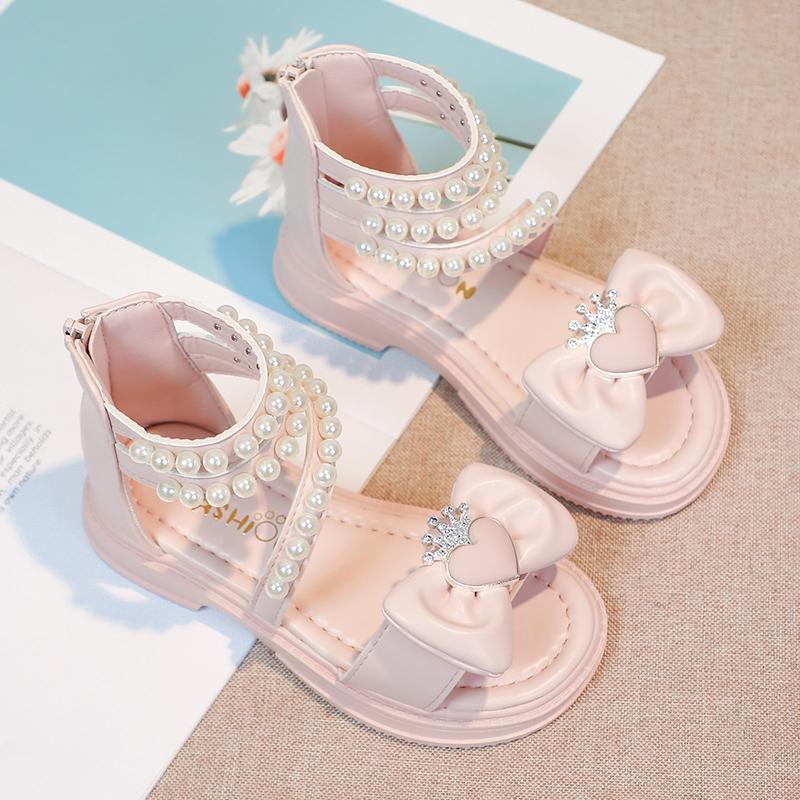

*Summer New Bow Children s Open Toed Casual Shoes Fashionable and Elegant Round Head Pearl Soft Princess Flat Sandals 26Insole 16.5cm рожевий