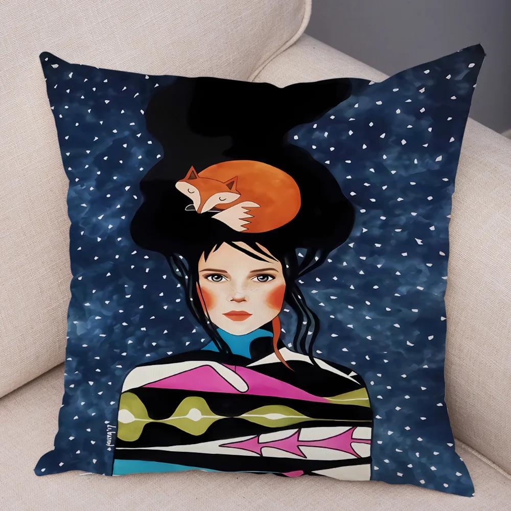 Fashion Abstract Girl Pillowcase Soft Plush Decor Cartoon Flower Lady Cushion Cover for Sofa Home Throw Pillow Case 45x45cm