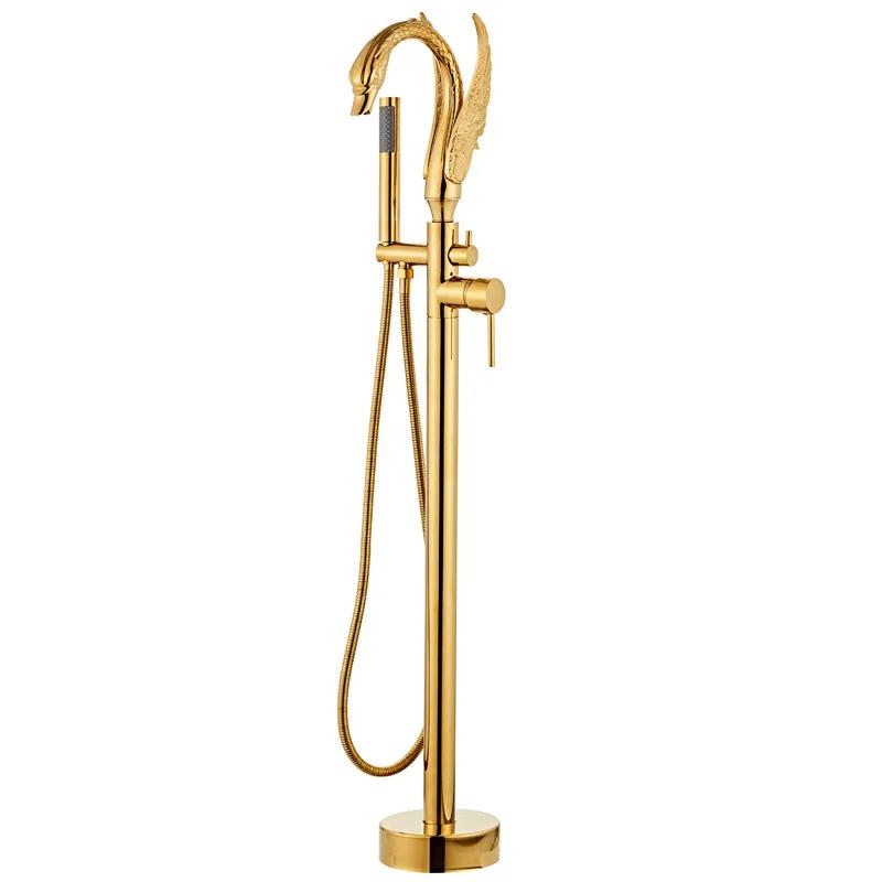 Quyanre Gold Swan Floor Mount Bathtub Faucet Floor Standing Bathroom Crane Black Chrome Bath Shower Mixer Tap Bathroom Faucet